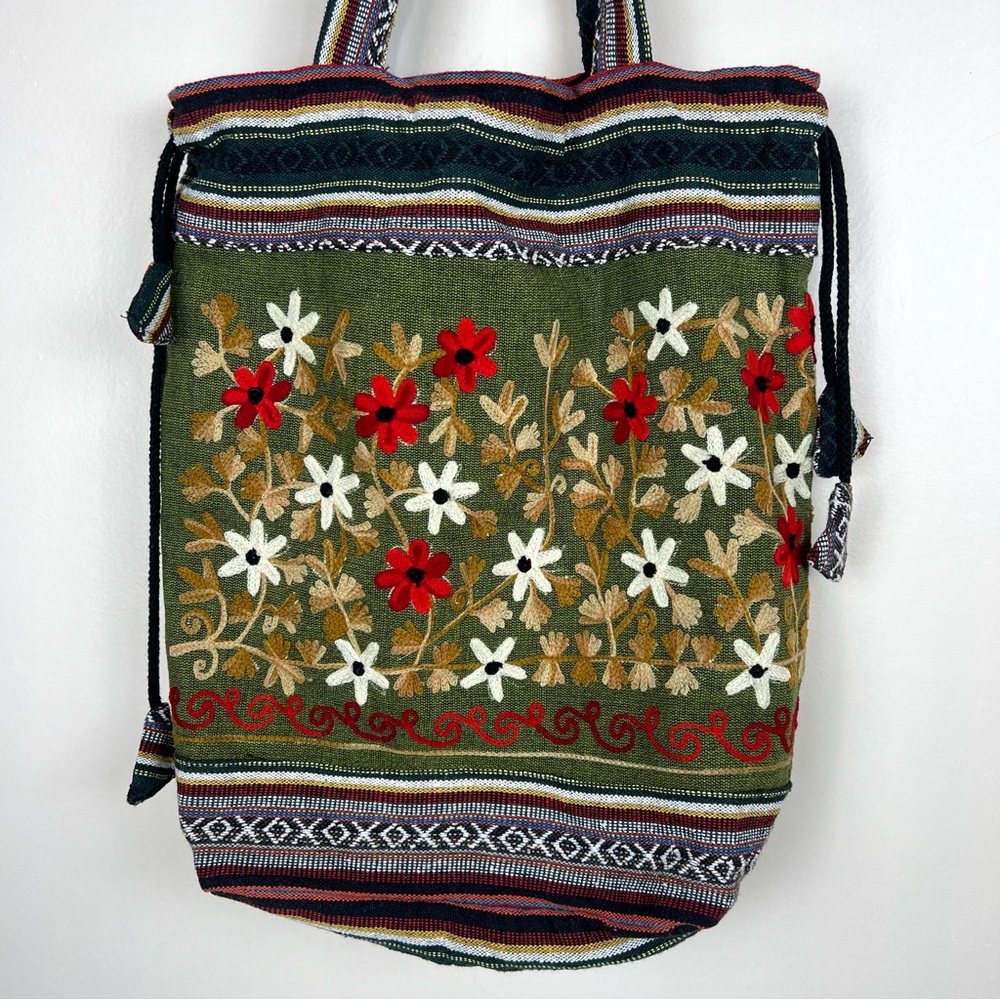 Boho Drawstring Tote Bag Embroidered Flowers Made in Nepal - Picture 3 of 11